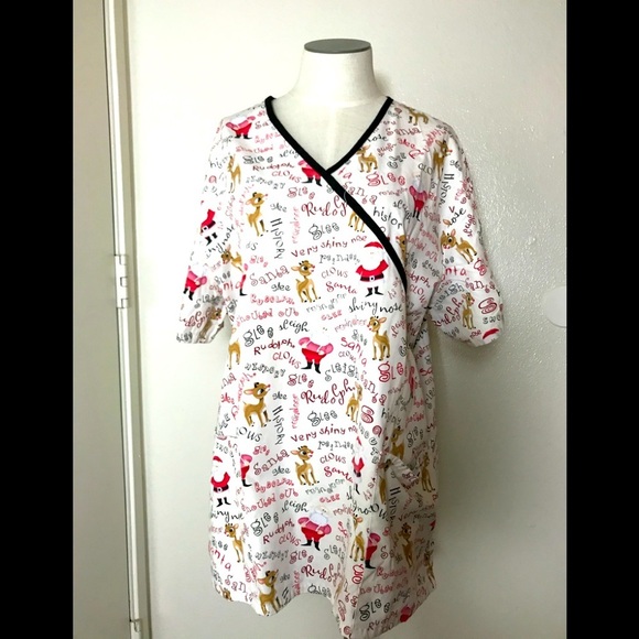 The Rudolph Co. Christmas Scrub Top with Santa and Rudolph - Picture 1 of 7